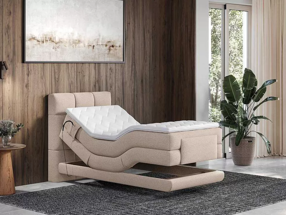 Palacio Conjunto Completo Boxspring, Cabeceira De Cama Acolchoada + Sommiers Articulados Eletricos + Colchão + Sobrecolchão 100X200 Cm Tecido Bege - Lodi Da * Cama Articulada
