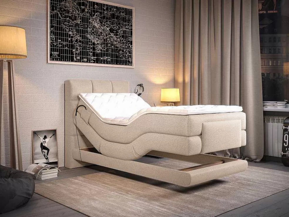Palacio Conjunto Completo Boxspring, Cabeceira De Cama Acolchoada + Sommiers Articulados Eletricos + Colchão + Sobrecolchão 100X200 Cm Tecido Bege - Lodi Da * Cama Articulada