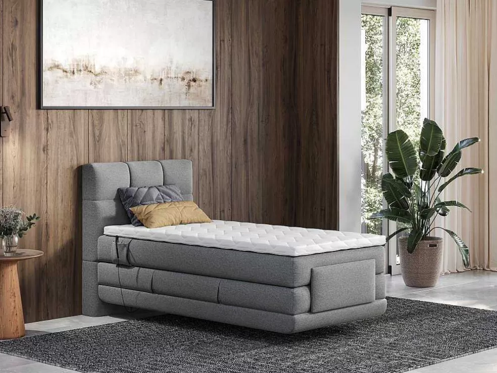 Palacio Conjunto Completo Boxspring, Cabeceira De Cama Acolchoada + Sommiers Articulados Eletricos + Colchão + Sobrecolchão 100X200 Cm Tecido Cinzento-Claro - Lodi Da * Cama Articulada