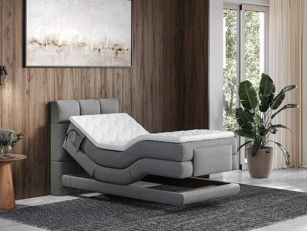 Palacio Conjunto Completo Boxspring, Cabeceira De Cama Acolchoada + Sommiers Articulados Eletricos + Colchão + Sobrecolchão 100X200 Cm Tecido Cinzento-Claro - Lodi Da * Cama Articulada