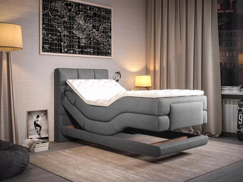 Palacio Conjunto Completo Boxspring, Cabeceira De Cama Acolchoada + Sommiers Articulados Eletricos + Colchão + Sobrecolchão 100X200 Cm Tecido Cinzento-Claro - Lodi Da * Cama Articulada