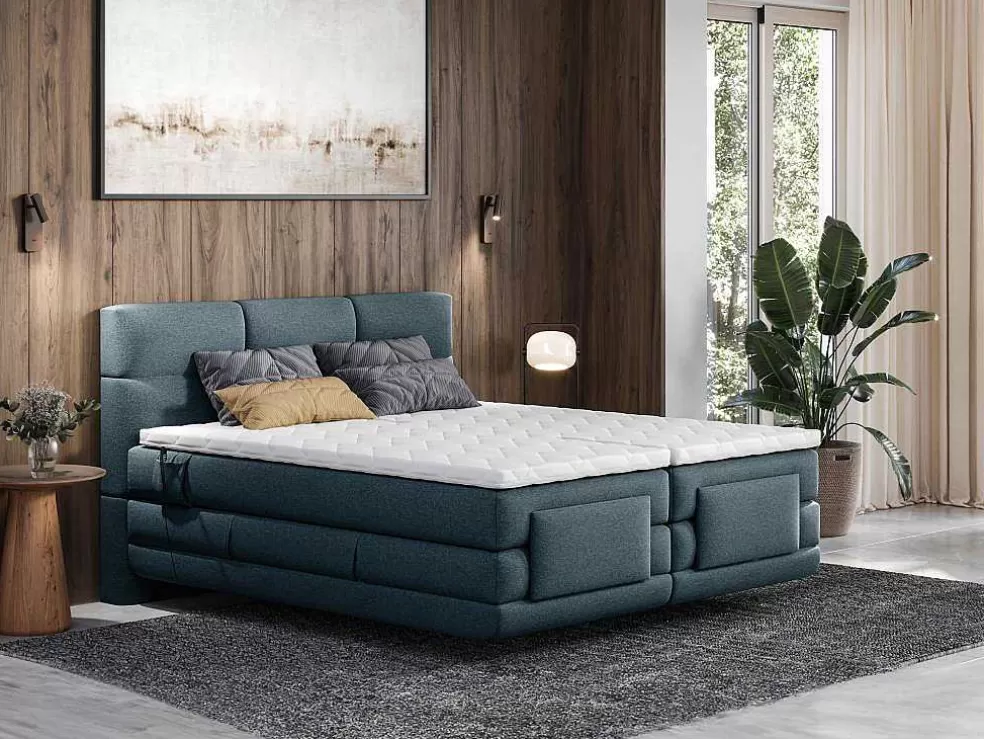 Palacio Conjunto Completo Boxspring Cabeceira De Cama Acolchoada + Sommiers Articulados Eletricos + Colchão + Sobrecolchão 2X90X200 Cm Tecido Azul - Lodi De * Cama Articulada
