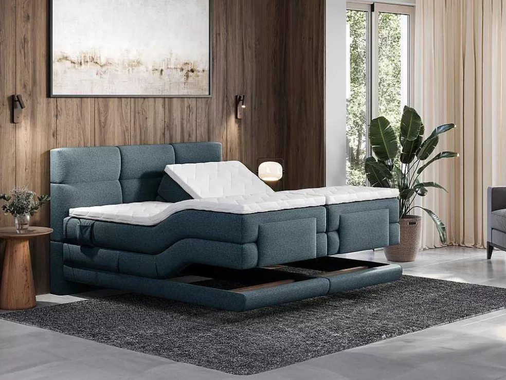 Palacio Conjunto Completo Boxspring Cabeceira De Cama Acolchoada + Sommiers Articulados Eletricos + Colchão + Sobrecolchão 2X80X200 Cm Tecido Azul - Lodi De * Cama Articulada
