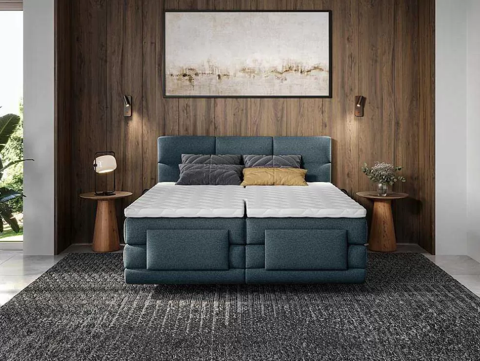 Palacio Conjunto Completo Boxspring Cabeceira De Cama Acolchoada + Sommiers Articulados Eletricos + Colchão + Sobrecolchão 2X80X200 Cm Tecido Azul - Lodi De * Cama Articulada