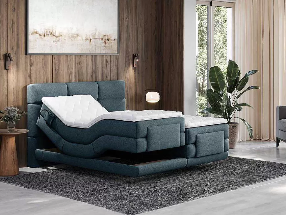 Palacio Conjunto Completo Boxspring Cabeceira De Cama Acolchoada + Sommiers Articulados Eletricos + Colchão + Sobrecolchão 2X90X200 Cm Tecido Azul - Lodi De * Cama Articulada