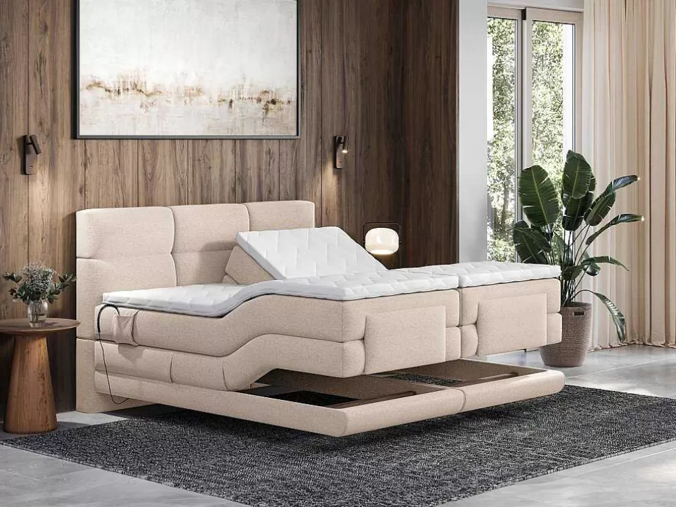 Palacio Conjunto Completo Boxspring, Cabeceira De Cama Acolchoada + Sommiers Articulados Eletricos + Colchão + Sobrecolchão 2X90X200 Cm Tecido Bege - Lodi Da * Cama De Adulto
