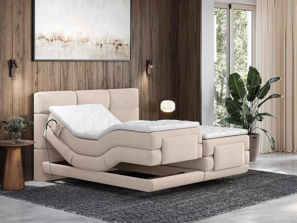 Palacio Conjunto Completo Boxspring, Cabeceira De Cama Acolchoada + Sommiers Articulados Eletricos + Colchão + Sobrecolchão 2X90X200 Cm Tecido Bege - Lodi Da * Cama De Adulto