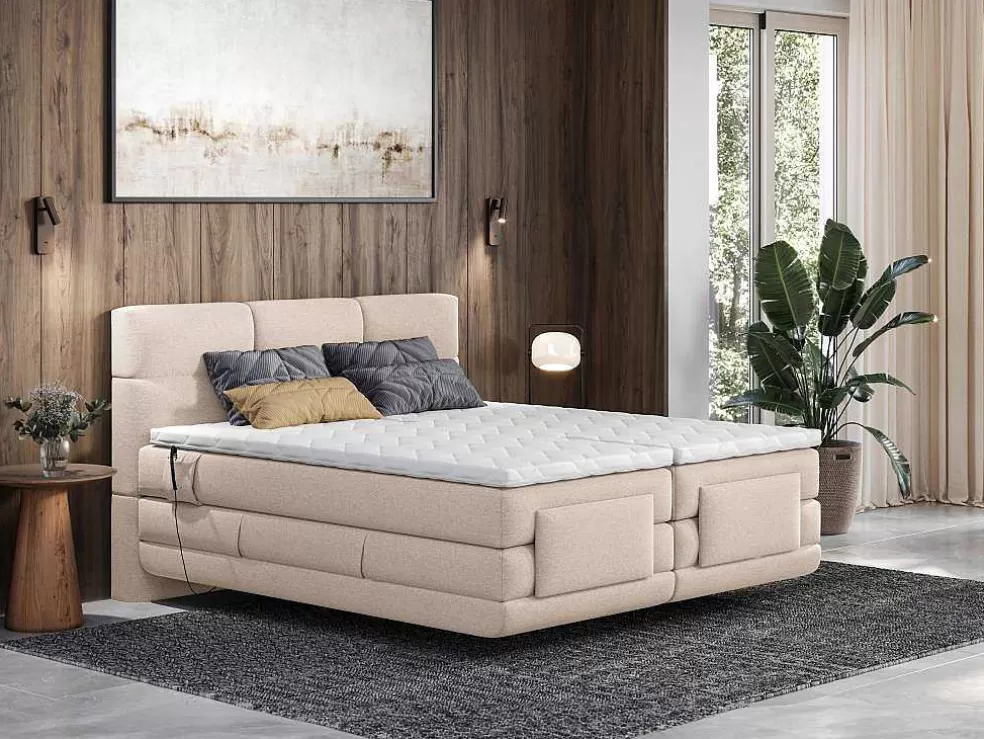 Palacio Conjunto Completo Boxspring, Cabeceira De Cama Acolchoada + Sommiers Articulados Eletricos + Colchão + Sobrecolchão 2X80X200 Cm Tecido Bege - Lodi Da * Cama De Adulto