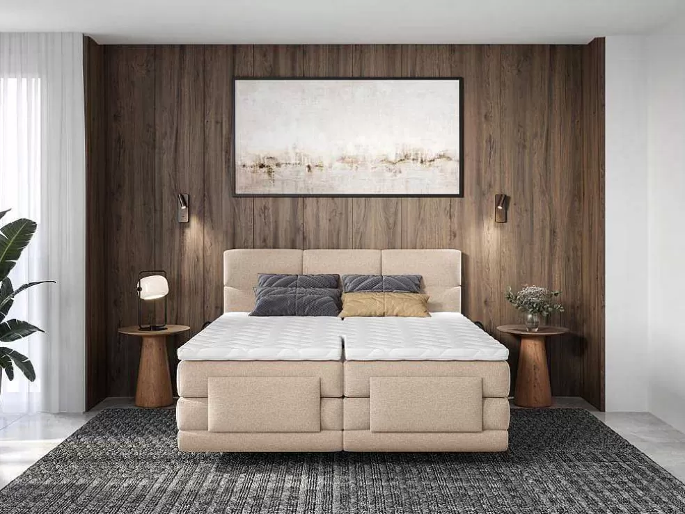 Palacio Conjunto Completo Boxspring, Cabeceira De Cama Acolchoada + Sommiers Articulados Eletricos + Colchão + Sobrecolchão 2X90X200 Cm Tecido Bege - Lodi Da * Cama De Adulto