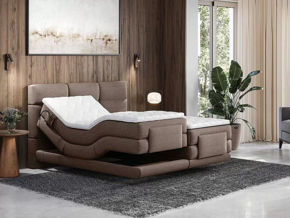 Palacio Conjunto Completo Boxspring Cabeceira De Cama Acolchoada + Sommiers Articulados Eletricos + Colchão + Sobrecolchão 2X90X200 Cm Tecido Castanho - Lodi De * Cama Articulada