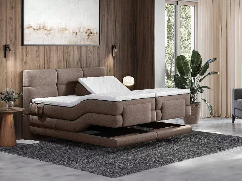 Palacio Conjunto Completo Boxspring Cabeceira De Cama Acolchoada + Sommiers Articulados Eletricos + Colchão + Sobrecolchão 2X80X200 Cm Tecido Castanho - Lodi De * Cama Articulada