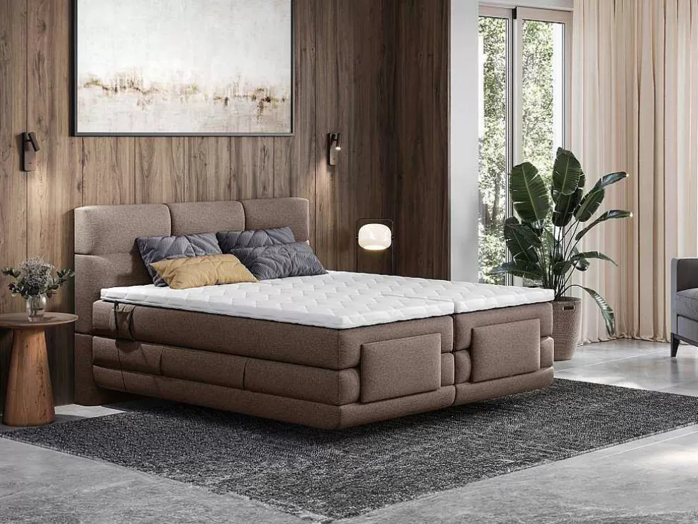 Palacio Conjunto Completo Boxspring Cabeceira De Cama Acolchoada + Sommiers Articulados Eletricos + Colchão + Sobrecolchão 2X80X200 Cm Tecido Castanho - Lodi De * Cama Articulada