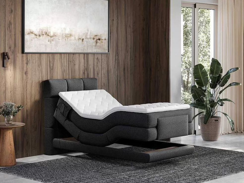 Palacio Conjunto Completo Boxspring, Cabeceira De Cama Acolchoada + Sommiers Articulados Eletricos + Colchão 100X200 Cm Tecido Antracite - Lodi Da * Cama Articulada