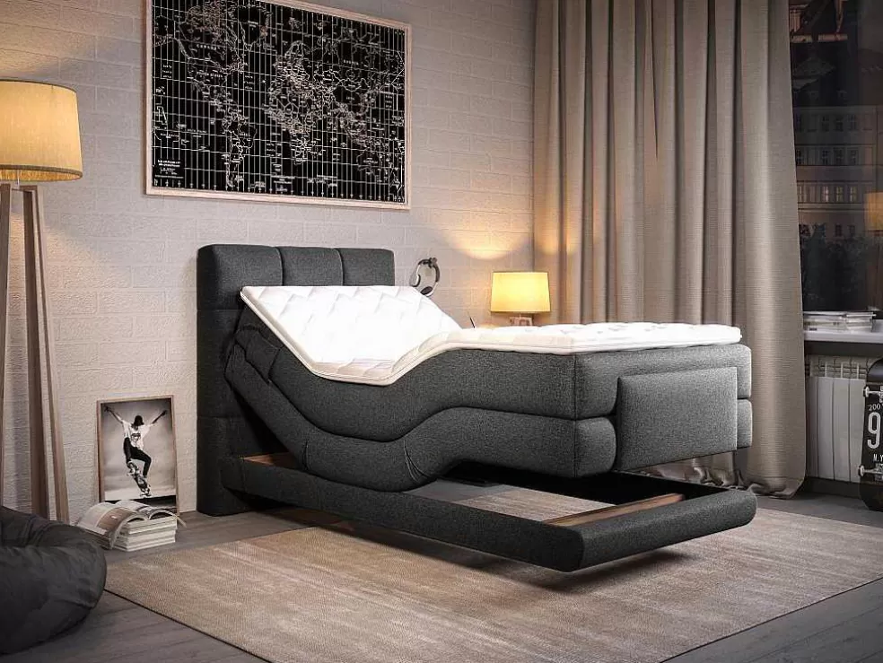 Palacio Conjunto Completo Boxspring, Cabeceira De Cama Acolchoada + Sommiers Articulados Eletricos + Colchão 100X200 Cm Tecido Antracite - Lodi Da * Cama Articulada