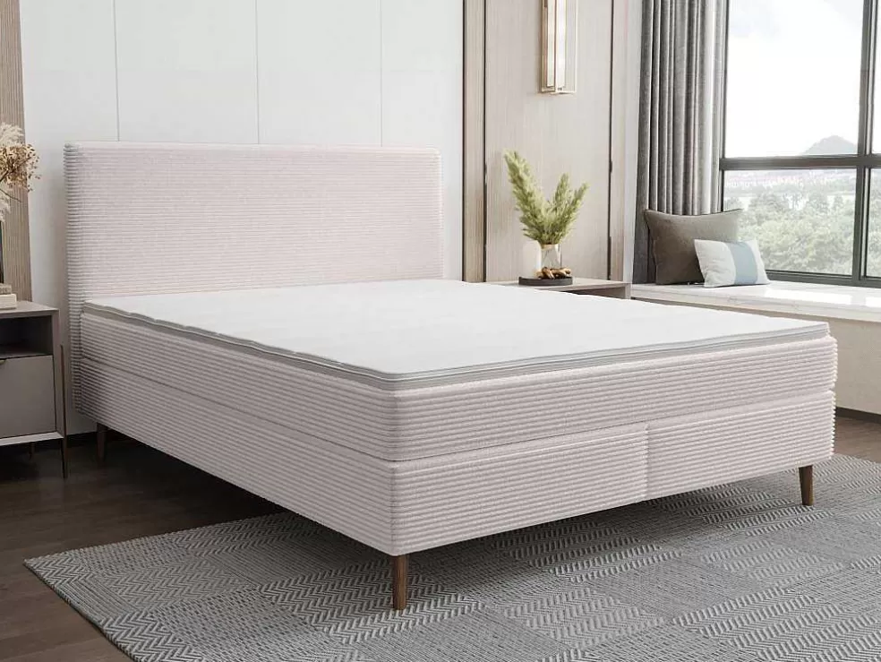 Ysmée Conjunto Completo Boxspring Com Cabeceira + Sommier + Colchão + Sobrecolchão 180 X 200 Cm Veludo Canelado Bege - Nara De Ysmee* Cama De Adulto