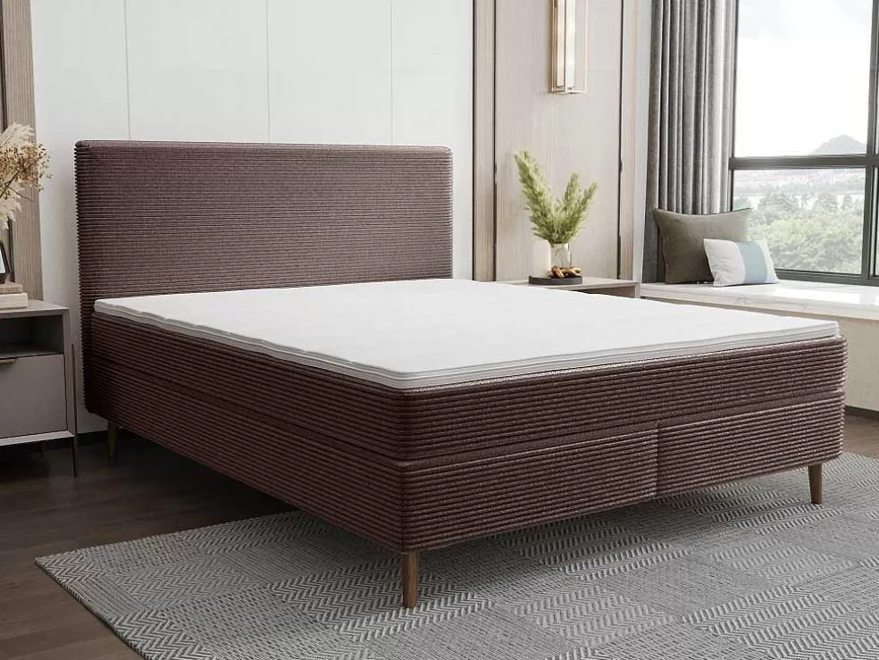 Ysmée Conjunto Completo Boxspring Com Cabeceira + Sommier + Colchão + Sobrecolchão 180 X 200 Cm Veludo Canelado Castanho - Nara De Ysmee* Cama Boxspring, Cama Continental