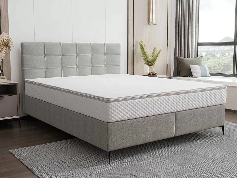 Ysmée Conjunto Completo Boxspring Com Cabeceira Estofada + Sommier + Colchão + Sobrecolchão 160 X 200 Cm Tecido Cinza-Claro - Inao De Ysmee* Cama Boxspring, Cama Continental