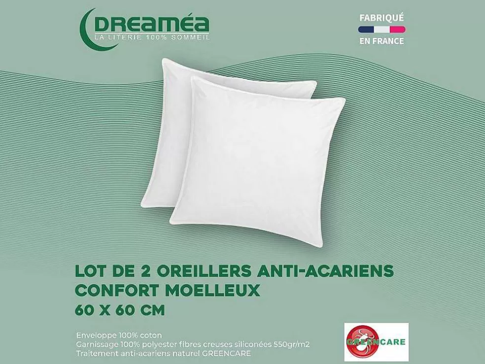 DREAMEA Conjunto De 2 Almofadas Tratamento Antiacaros Natural Greencare 60 X 60 Cm 550 G Branco Algodao - Azylia* Almofada