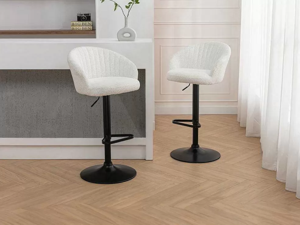 Vente-unique Conjunto De 2 Bancos Altos Em Tecido Boucle E Metal Branco - Doraliz* Bancos De Bar