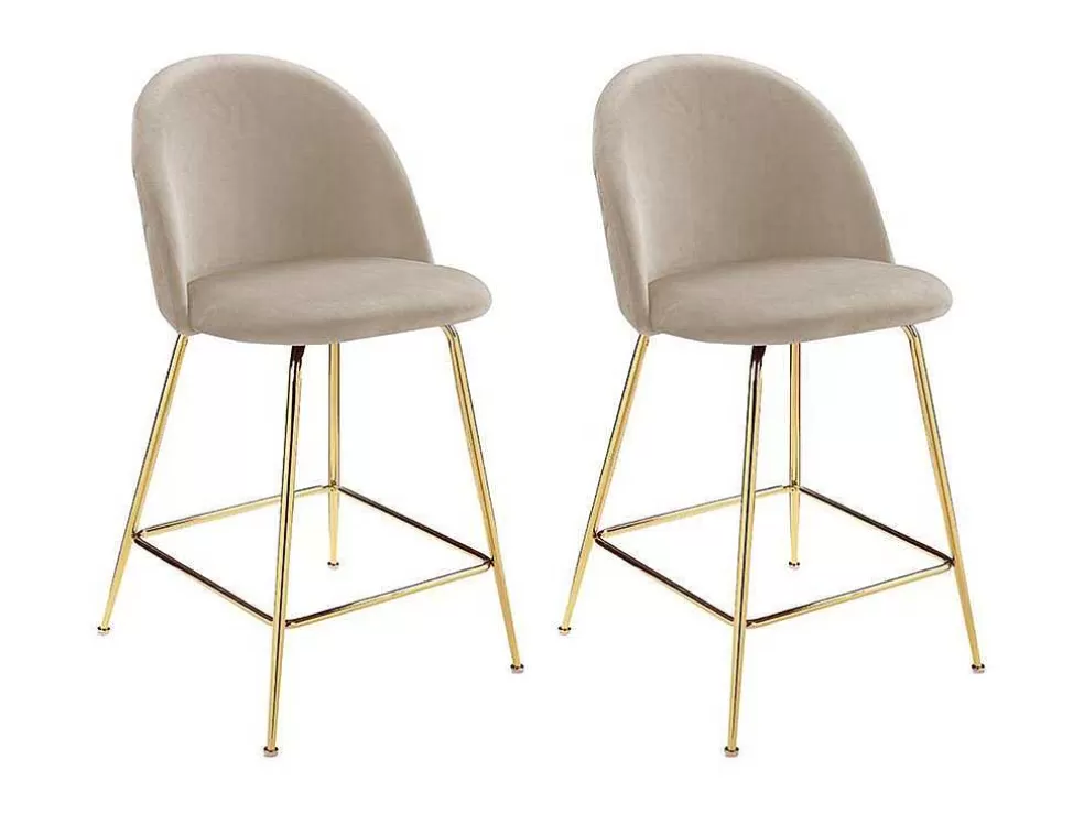 Vente-unique Conjunto De 2 Bancos Altos Em Veludo E Metal Dourado Cor Bege - Melbourne* Bancos De Bar