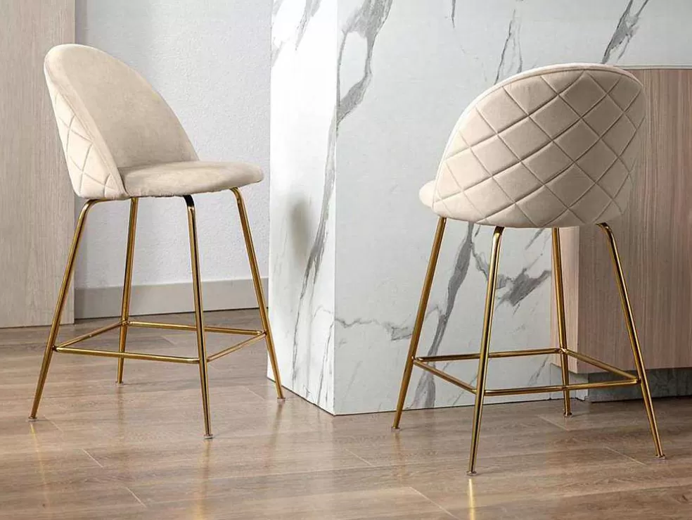 Vente-unique Conjunto De 2 Bancos Altos Em Veludo E Metal Dourado Cor Bege - Melbourne* Bancos De Bar