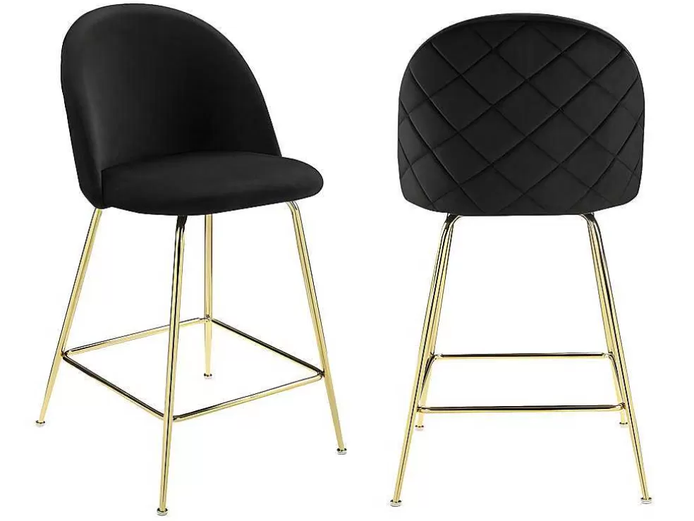 Vente-unique Conjunto De 2 Bancos Altos Em Veludo E Metal Dourado Cor Preto - Melbourne* Bancos De Bar