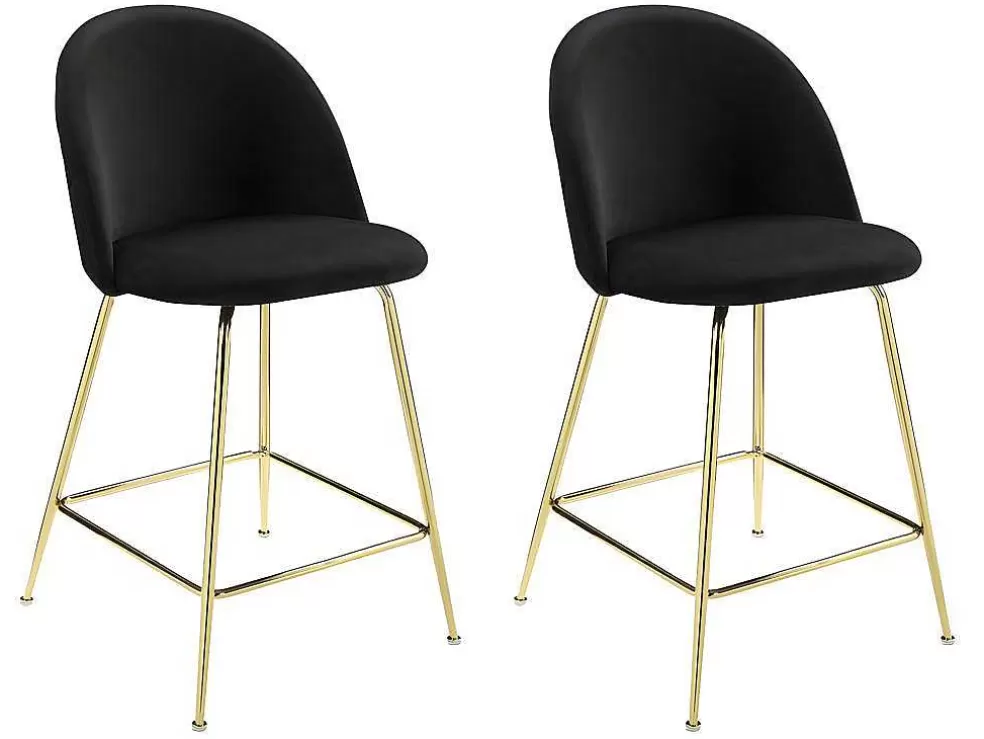 Vente-unique Conjunto De 2 Bancos Altos Em Veludo E Metal Dourado Cor Preto - Melbourne* Bancos De Bar
