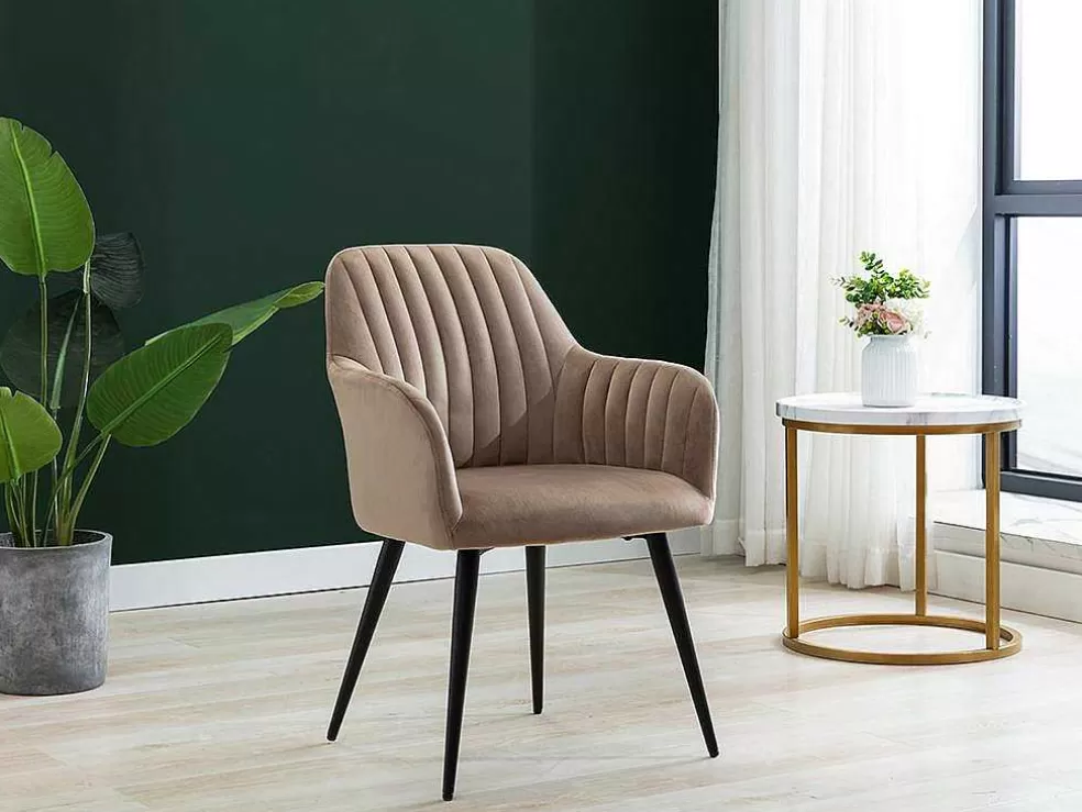 Vente-unique Conjunto De 6 Cadeiras Com Apoios De Bracos Em Veludo E Metal Preto, Cor Bege - Eleana* Cadeira