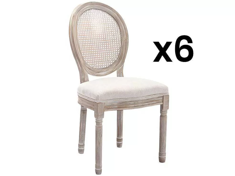 Vente-unique Conjunto De 6 Cadeiras Empalhadas, Tecido E Madeira De Hevea Bege - Antoinette* Cadeira