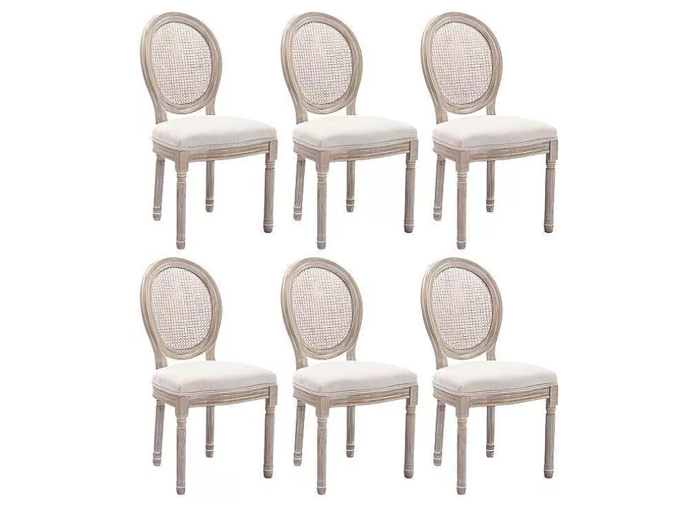 Vente-unique Conjunto De 6 Cadeiras Empalhadas, Tecido E Madeira De Hevea Bege - Antoinette* Cadeira