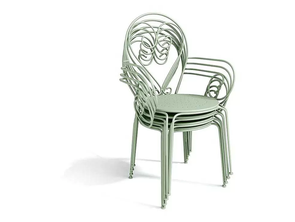 MYLIA Conjunto De 4 Cadeiroes De Jardim Empilhaveis Em Metal Estilo Ferro Forjado Cor Verde Amendoa - Guermantes* Conjunto Mesa E Cadeiras De Jardim