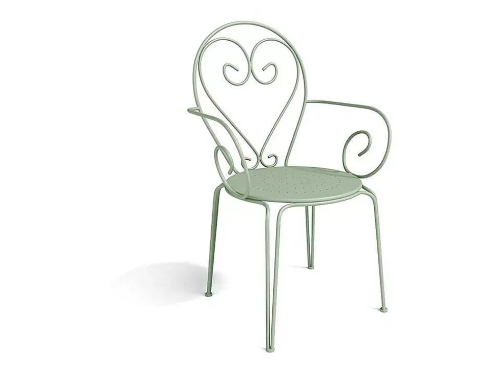 MYLIA Conjunto De 4 Cadeiroes De Jardim Empilhaveis Em Metal Estilo Ferro Forjado Cor Verde Amendoa - Guermantes* Conjunto Mesa E Cadeiras De Jardim