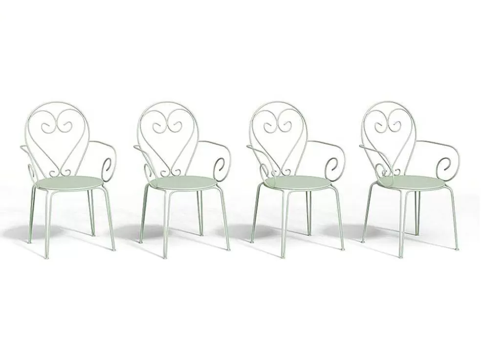 MYLIA Conjunto De 4 Cadeiroes De Jardim Empilhaveis Em Metal Estilo Ferro Forjado Cor Verde Amendoa - Guermantes* Conjunto Mesa E Cadeiras De Jardim