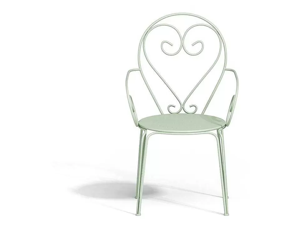 MYLIA Conjunto De 4 Cadeiroes De Jardim Empilhaveis Em Metal Estilo Ferro Forjado Cor Verde Amendoa - Guermantes* Conjunto Mesa E Cadeiras De Jardim