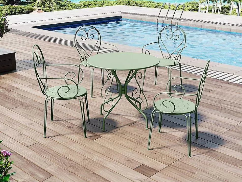 MYLIA Conjunto De 4 Cadeiroes De Jardim Empilhaveis Em Metal Estilo Ferro Forjado Cor Verde Amendoa - Guermantes* Conjunto Mesa E Cadeiras De Jardim