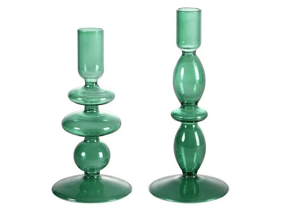 OZAIA Conjunto De 2 Castiçais D. 9 X A. 21 Cm E D. 9 E A. 18,5 Cm Vidro Verde - Kandie* Promoções Decoração