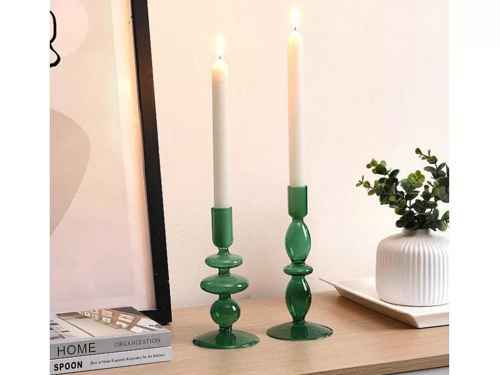 OZAIA Conjunto De 2 Castiçais D. 9 X A. 21 Cm E D. 9 E A. 18,5 Cm Vidro Verde - Kandie* Promoções Decoração