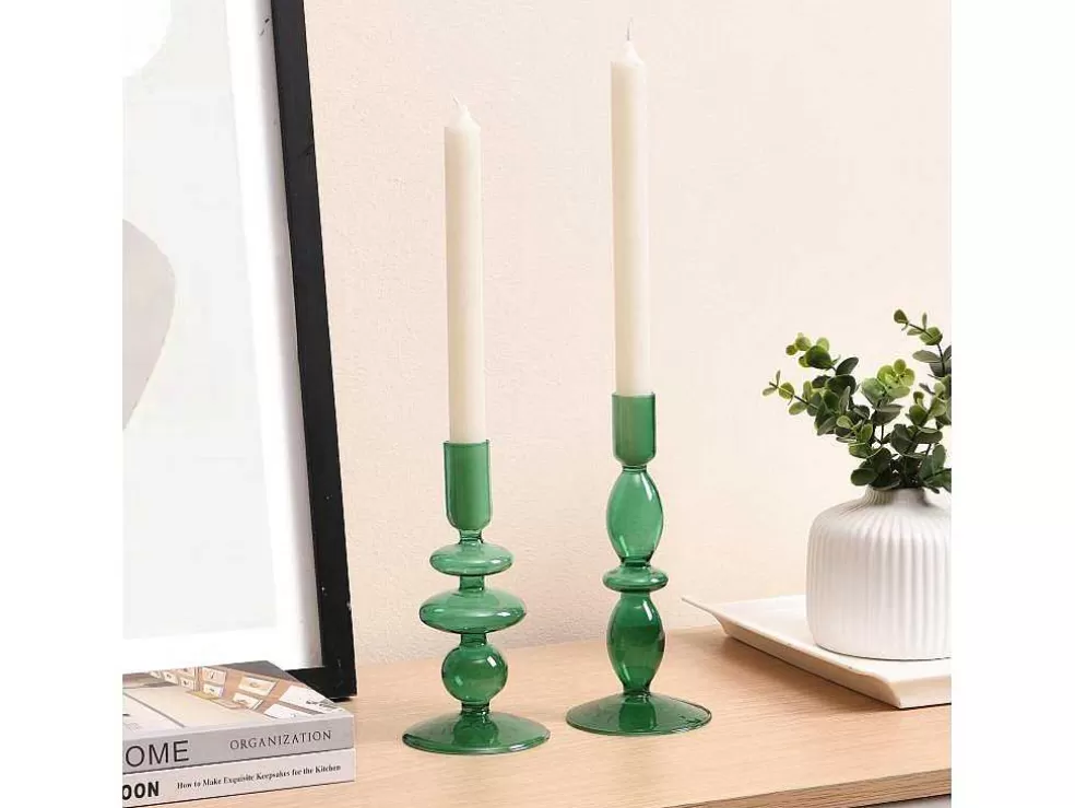 OZAIA Conjunto De 2 Castiçais D. 9 X A. 21 Cm E D. 9 E A. 18,5 Cm Vidro Verde - Kandie* Promoções Decoração