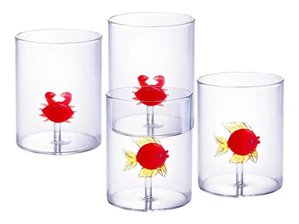 OZAIA Conjunto De 4 Copos Animais, Vidro Soprado Transparente E Vermelho D7,5 X A9,5 Cm - Apuna* Louça E Utensílios De Cozinha