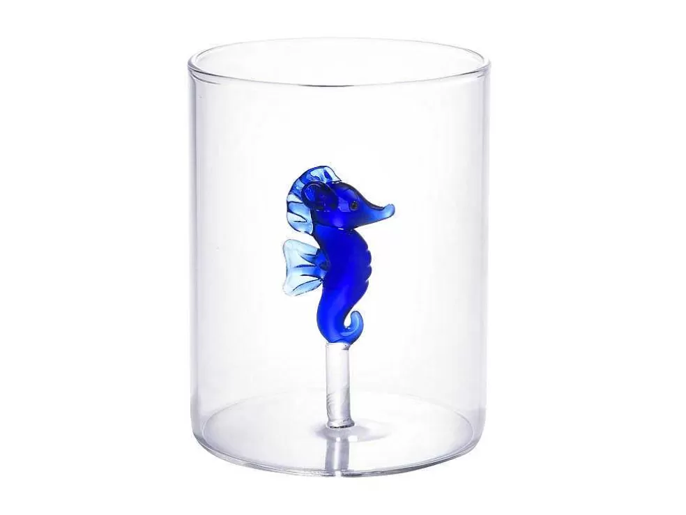 OZAIA Conjunto De 4 Copos Com Animais, Baleias E Cavalos-Marinhos, Transparente E Azul D.7,5 X A.9,5 Cm - Parasa* Louça E Utensílios De Cozinha