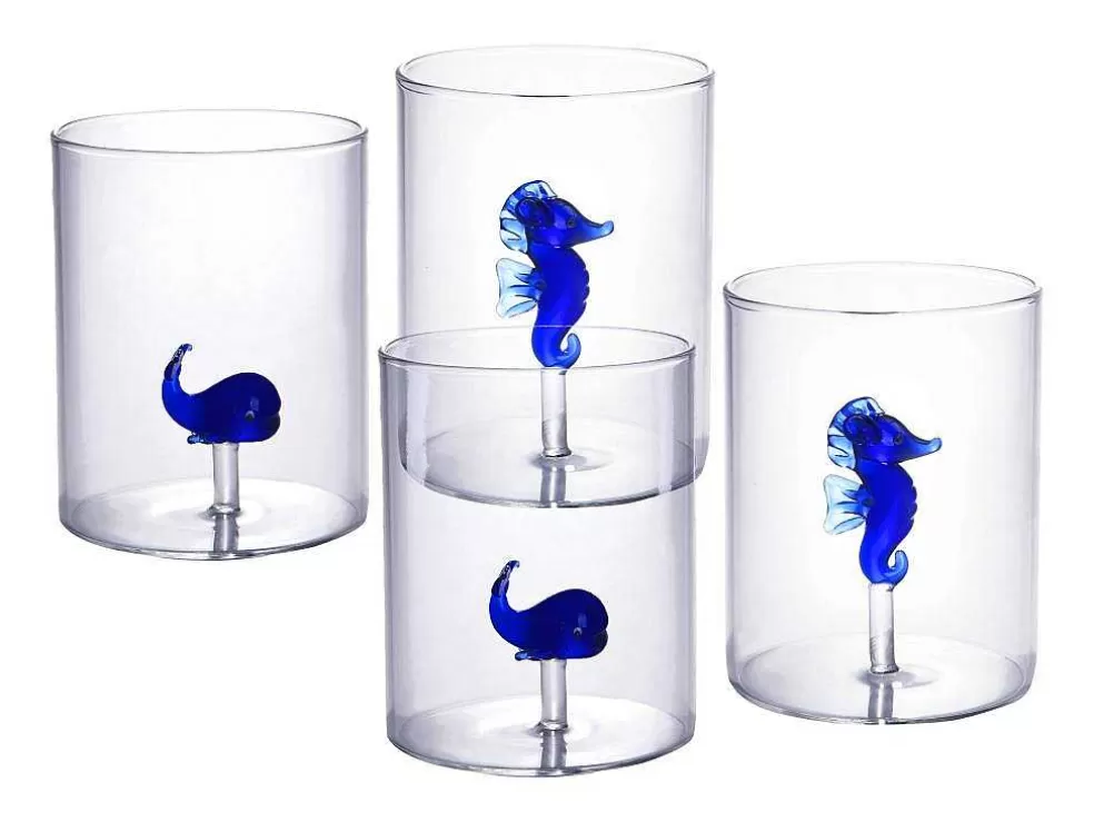 OZAIA Conjunto De 4 Copos Com Animais, Baleias E Cavalos-Marinhos, Transparente E Azul D.7,5 X A.9,5 Cm - Parasa* Louça E Utensílios De Cozinha