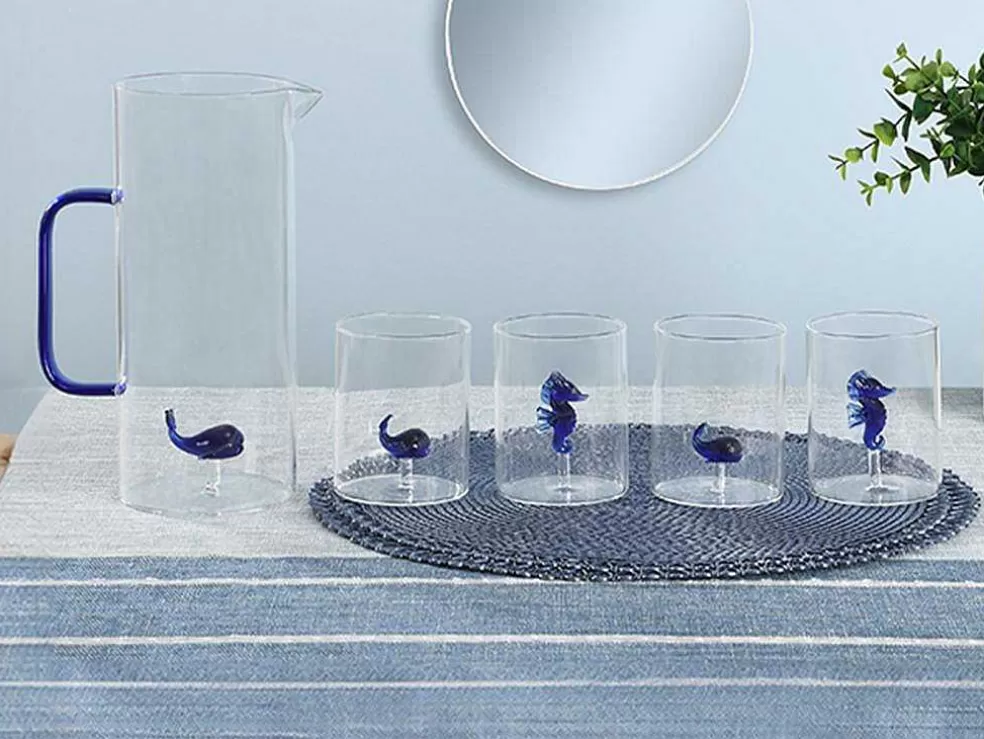 OZAIA Conjunto De 4 Copos Com Animais, Baleias E Cavalos-Marinhos, Transparente E Azul D.7,5 X A.9,5 Cm - Parasa* Louça E Utensílios De Cozinha