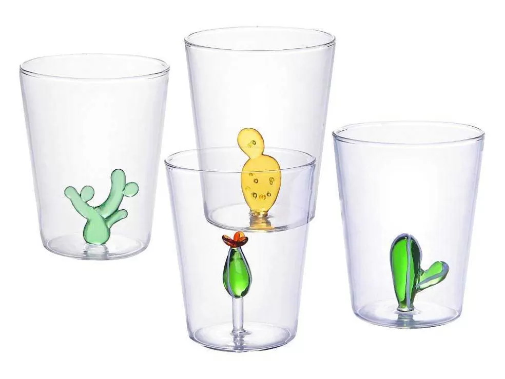 OZAIA Conjunto De 4 Copos Com Cactos Transparente E Verde D.8 X A.10 Cm - Puntia* Louça E Utensílios De Cozinha