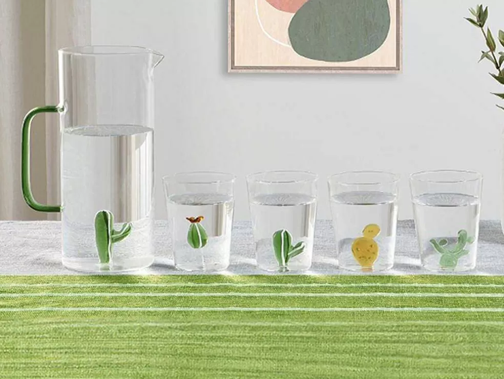 OZAIA Conjunto De 4 Copos Com Cactos Transparente E Verde D.8 X A.10 Cm - Puntia* Louça E Utensílios De Cozinha