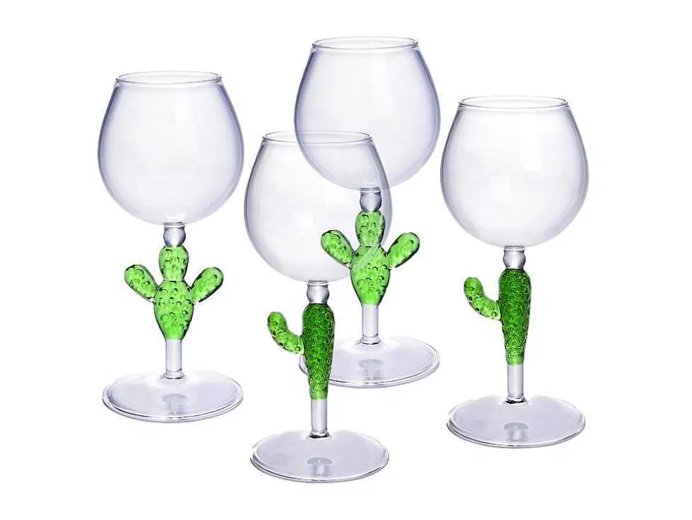 OZAIA Conjunto De 4 Copos De Vinho Com Pés Cacto Transparente E Verde D8,5 X A19,5 Cm - Gellif* Louça E Utensílios De Cozinha