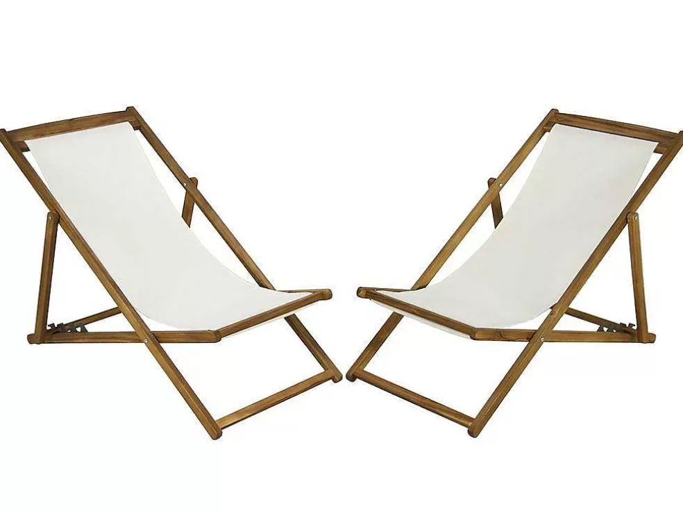 MYLIA Conjunto De 2 Espreguiçadeiras Chilenas Dobraveis Em Acacia Cor Branco E Natural - Prato* Espreguiçadeira