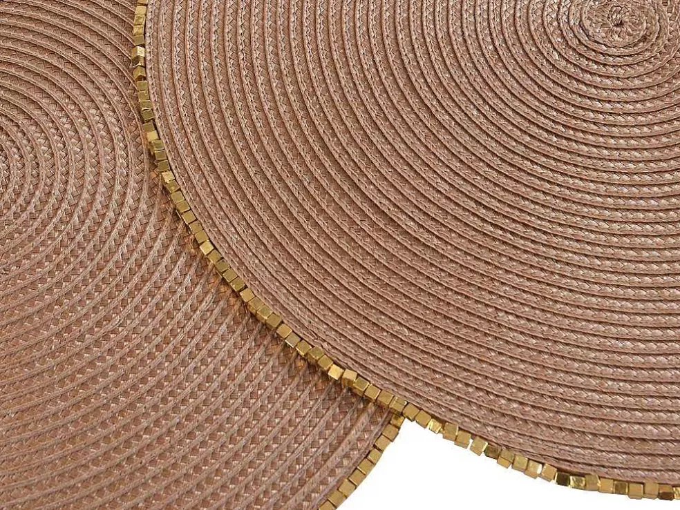 OZAIA Conjunto De 8 Individuais De Mesa Redondos Com Bordas Em Perola D38 Cm, Castanho E Dourado - Balista* Têxteis De Mesa