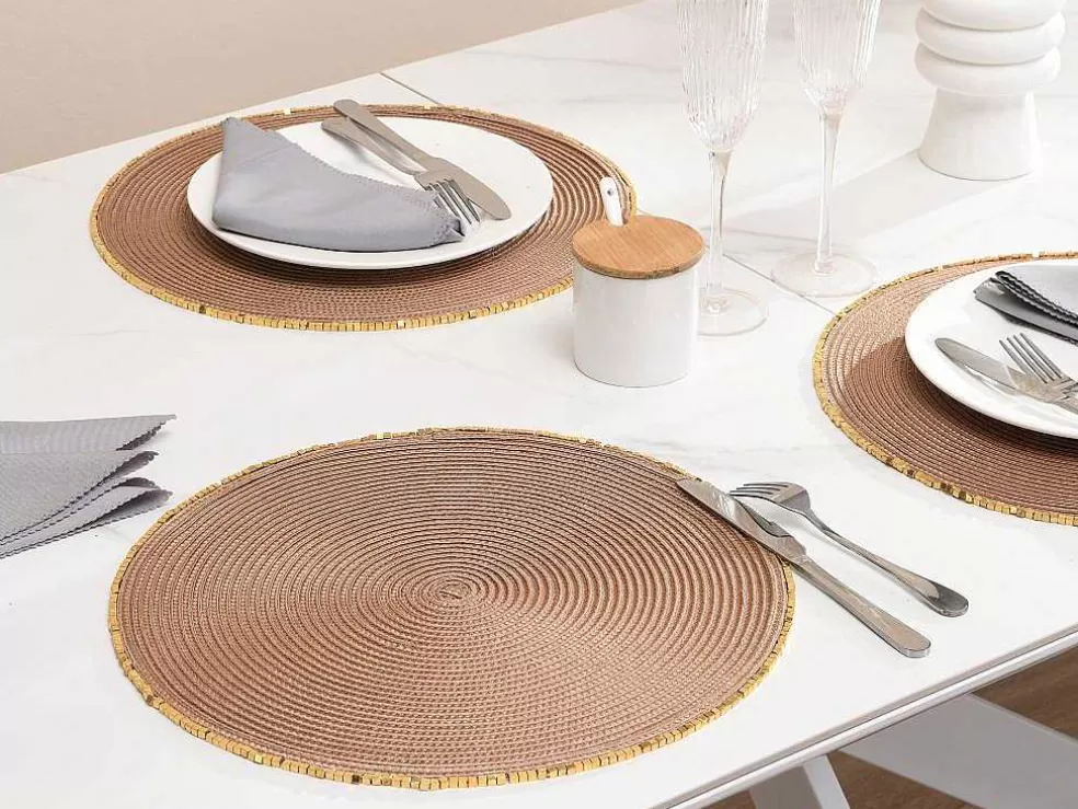OZAIA Conjunto De 8 Individuais De Mesa Redondos Com Bordas Em Perola D38 Cm, Castanho E Dourado - Balista* Têxteis De Mesa