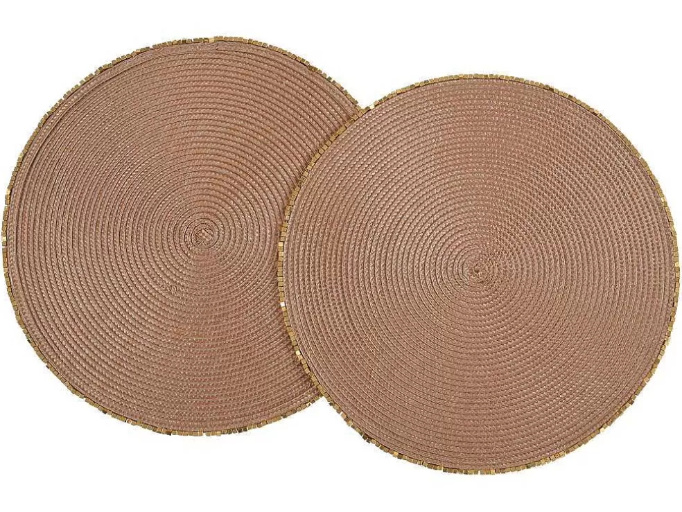 OZAIA Conjunto De 8 Individuais De Mesa Redondos Com Bordas Em Perola D38 Cm, Castanho E Dourado - Balista* Têxteis De Mesa