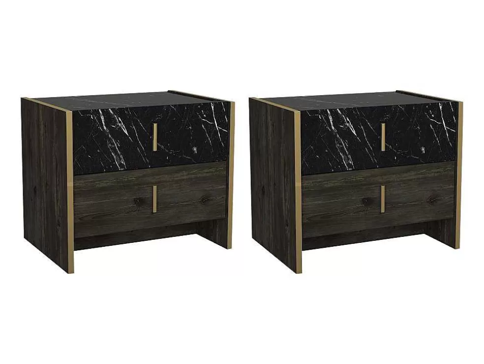 Vente-unique Conjunto De 2 Mesas De Cabeceira, 2 Gavetas, Efeito Marmore Preto, Natural E Dourado - Cabeda* Mesa De Cabeceira